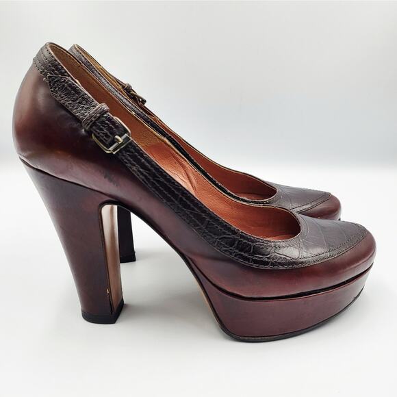 Clements Ribeiro Brown Leather Crocodile Embossed Platform Block Heels Size 6.5 - Picture 2 of 10